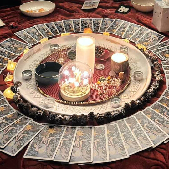 Autel de rituel : bougies, pierres et cartes disposées en cercle
